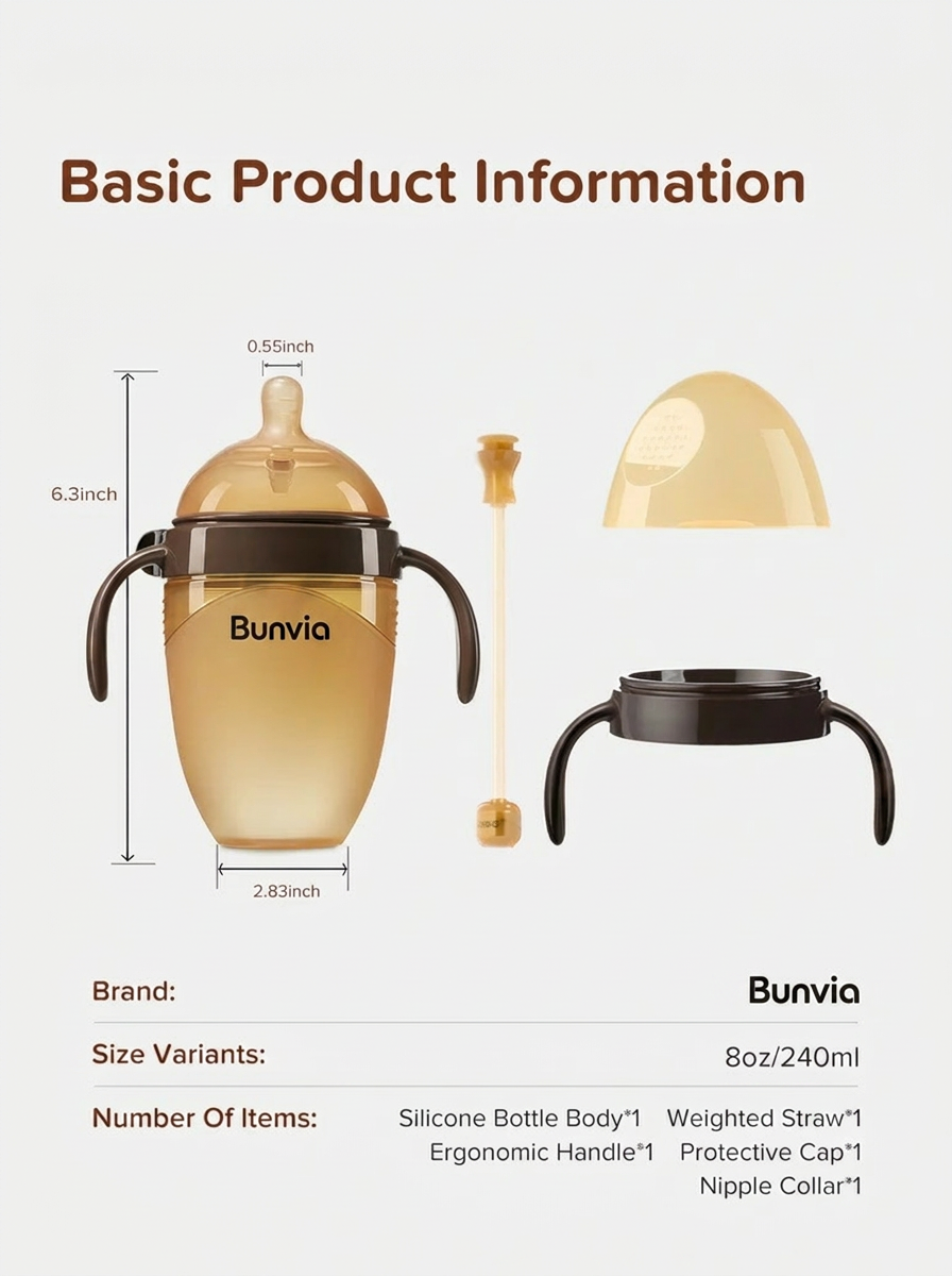 Bunvia Silicone Transition Baby Bottle | 8oz/240ml (Handle Edition)
