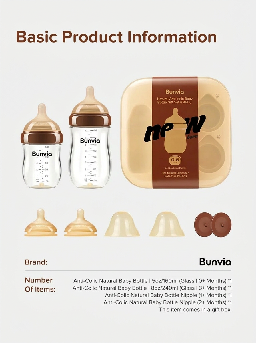 Bunvia Anti-Colic Glass Baby Bottle 0-6M Foundation Set
