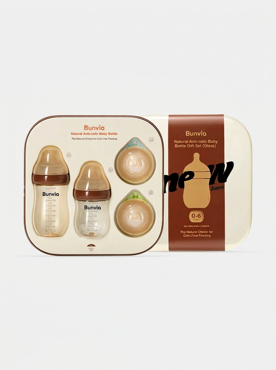 Bunvia Anti-Colic Glass Baby Bottle 0-6M Foundation Set