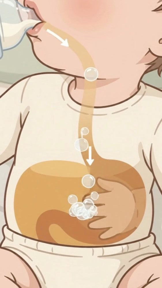 Illustration of swallowed air travelling down into a baby's tummy