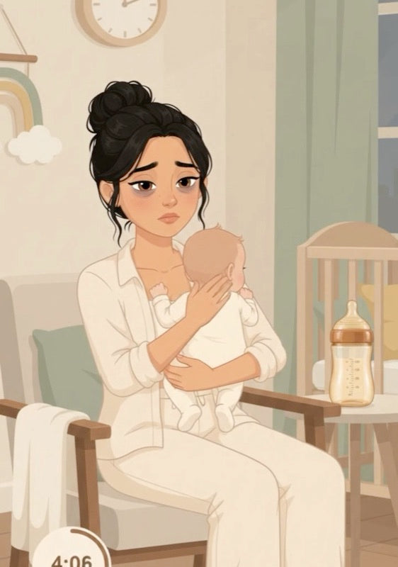 A tired mum holding her baby in a nursery chair at night